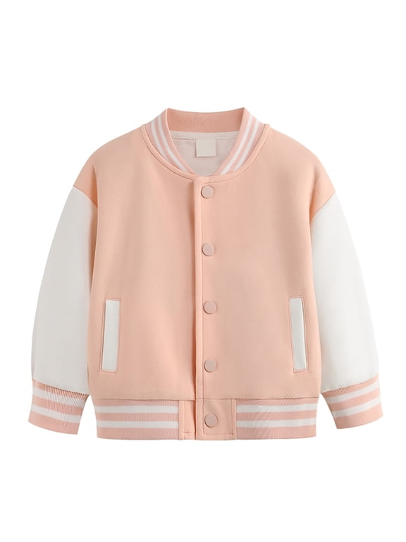 Kids Baseball Jacket Long Sleeve Letterman Varsity Jackets for Boys and Girls Buttons Coat Quick Dry (Pink, 4-5 Years)