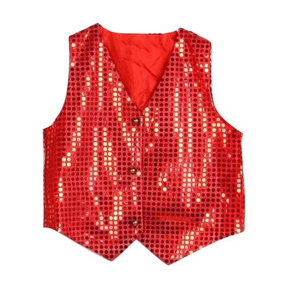 GiLiling Kids Boys Girls Sequins Waistcoat Sleeveless V Neckline Hip-Hop Jazz Dance Party Stage Performance Jacket Vest (Red, L)