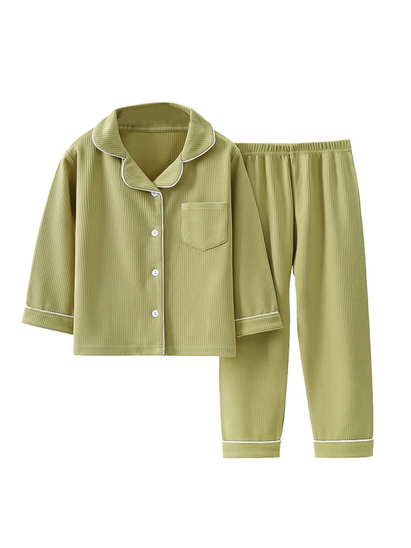 Kids Boys Girls Soft Cotton loungewear Set Teens Ribbed Button down Nightwear Set Long Sleeve Sleepwear with Pants 2PCS 