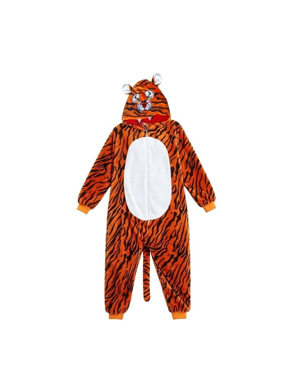 Kids Boys and Girls Animal Tiger Jumpsuit Dress-Up Outfit with Tail for Halloween Costumes Easter (Brown, 5-6 Years)