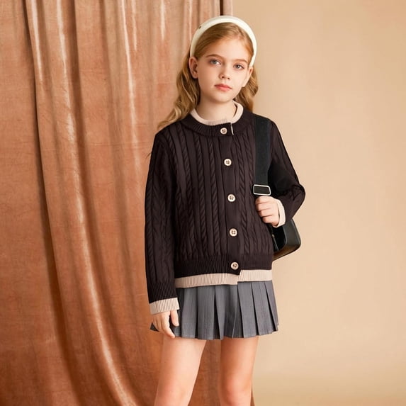 GiLiling Kids Cable Knit Cardigan - Girls Button Front Crewneck Long Sleeve Chunky Warm Sweater Winter Outerwear Top (Coffee, 9-10 Years)
