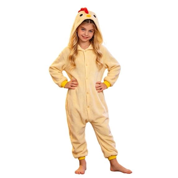 GiLiling Kids Chicken Animal Costume for Girls and Boys 3D Hooded Rooster Jumpsuit Costume for Halloween Dress-Up Outfit (Yellow, 5-6 Years)