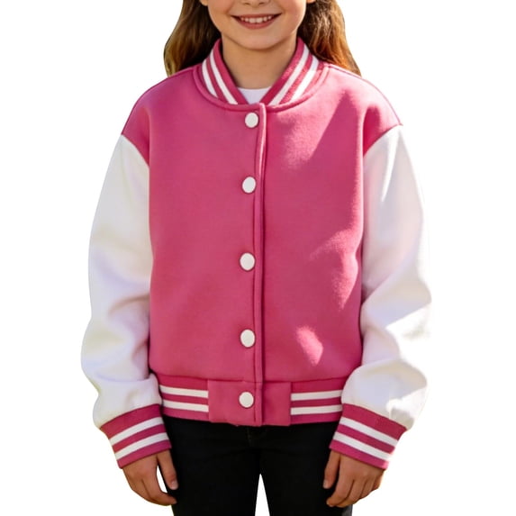GiLiling Kids Color Block Baseball Jacket for Boys Girls, Lightweight Button Coat with Pockets, Casual Daily School Outerwear Top Wear (Hot Pink, 11-12 Years)