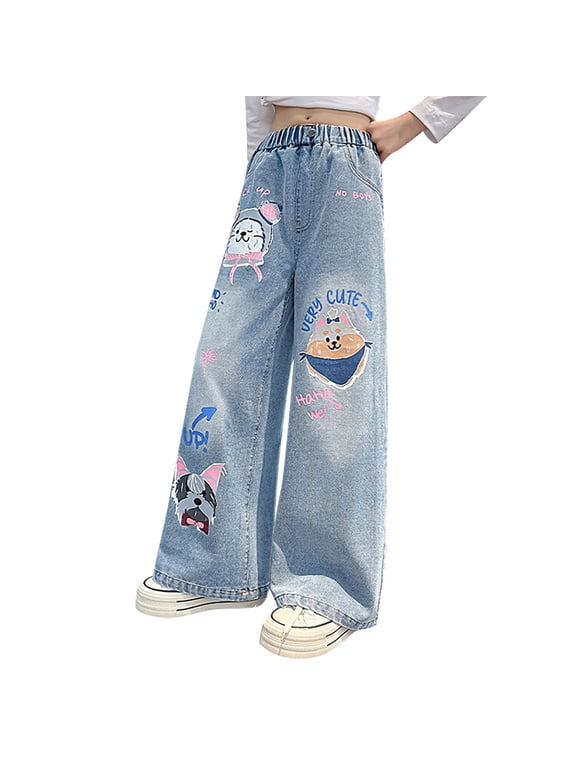 Kids Cute Baggy Jeans Girls Cartoon Animal Graphic Wide Leg Straight Hip Hop Denim Jeans Trendy Streetwear (Blue, 9-10 Years)