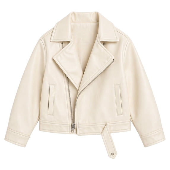 GiLiling Kids Faux Leather Biker Jacket Moto Style Coat Boys Girls Motorcycle Fall Winter Jacket Zipper Front Cozy Lining Outwear (Beige, 5-6 Years)