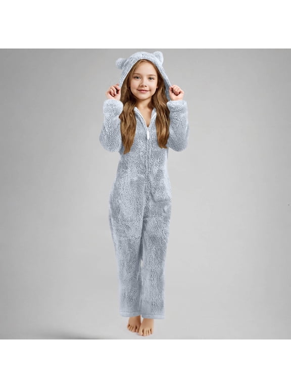 Kids Fleece Onesie Girls Sherpa Lined Jumpsuit Fuzzy Long Sleeve Bear Hooded Romper Zipper One Piece Winter Clothes (Grey, 6-7 Years)