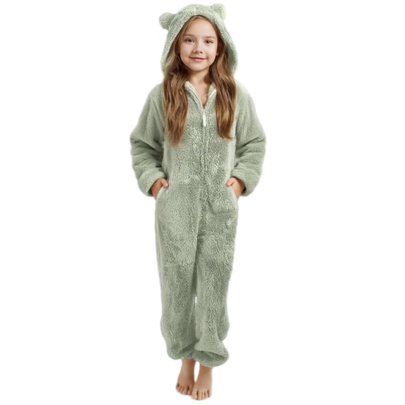 GiLiling Kids Footed Fuzzy Hooded Onesie Jumpsuit Footie Covers Soft Warm One Piece Zip Front Sherpa Lined Soft Cute Romper (Green, 7-8 Years)