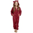 thumbnail image 1 of GiLiling Kids Footed Fuzzy Hooded Onesie Jumpsuit Footie Covers Soft Warm One Piece Zip Front Sherpa Lined Soft Cute Romper (Wine, 14-15 Years), 1 of 6