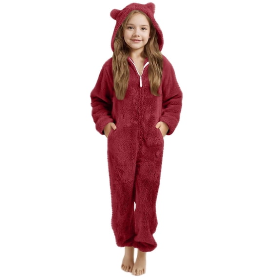 GiLiling Kids Footed Fuzzy Hooded Onesie Jumpsuit Footie Covers Soft Warm One Piece Zip Front Sherpa Lined Soft Cute Romper (Wine, 14-15 Years)