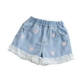 thumbnail image 1 of GiLiling Kids Girls Embroidered Denim Shorts, Elastic Waist Heart Embroidery Jean Shorts with Lace Ruffle Hem, Adjustable Casual Summer Wear for Toddlers (Blue, 12-18 Months), 1 of 8