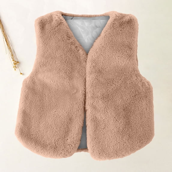 GiLiling Kids Girls Faux-Fur Vest Winter Padded Open Front Sherpa Sleeveless Outwear Toddler Thick Fuzzy Warm Fleece Jackets (Khaki, 5-6 Years)