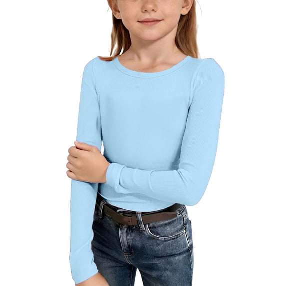 GiLiling Kids Girls Long Sleeve Shirt Crewneck Ruched Side Slim Fit Ribbed Knit Casual Tee (Light Blue, 7-8 Years)