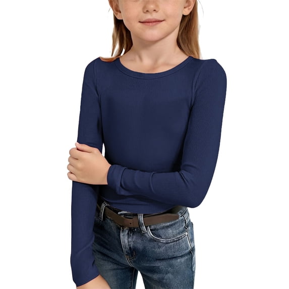 GiLiling Kids Girls Long Sleeve Shirt Crewneck Ruched Side Slim Fit Ribbed Knit Casual Tee (Navy, 5-6 Years)