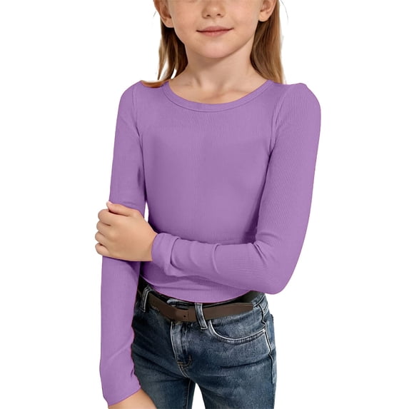 GiLiling Kids Girls Long Sleeve Shirt Crewneck Ruched Side Slim Fit Ribbed Knit Casual Tee (Purple, 11-12 Years)