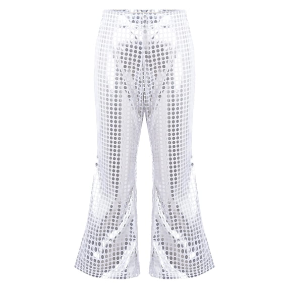 GiLiling Kids Girls Sparkly Sequins Dance Pants, Wide Leg Bell Bottom Flared Trousers for Hip Hop Jazz Disco (Silver, 3-4 Years)