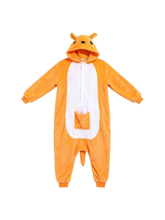 Kids Jumpsuit Dress-Up Outfit for Boys Girls Halloween Animal One Piece Flannel Hooded with Kangaroo Pocket (Orange, 18-24 Months)