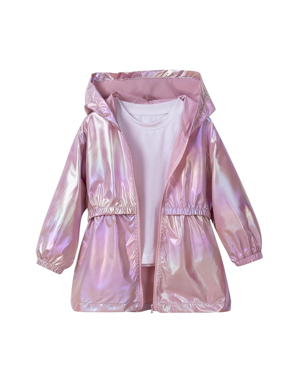 Kids Metallic Shiny Jacket Sparkly Lightweight Waterproof Raincoat Boys and Girls Street Glitter Windbreaker Rain Jacket (Pink, 4-5 Years)