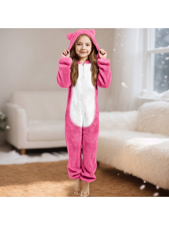 Kids Plush Bear Jumpsuit, 3D Ears on the Hood and Graphic Print, Front Zipper, Soft Plush Fabric, Casual Daily Party Wear (Hot Pink, 4-5 Years)
