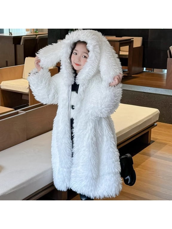Kids Sherpa Fleece Jacket - Bunny Ears Hoodie Full Zip Fuzzy Faux Fur Soft Warm Winter Coat Outerwear Top (White, 4-5 Years)