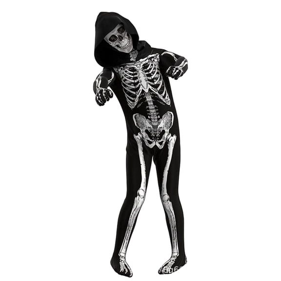 GiLiling Kids Skeleton Charactertume Halloween Charactertume for Boys Girls 3D Skeleton Pattern Onesie Jumpsuit with Hood and Mask (Black, 12-14 Years)