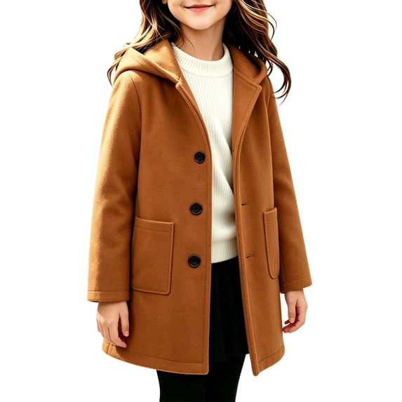 GiLiling Kids Toddler Boys and Girls Single Breasted Pea Coat Wool Blend Trench Coat Long Sleeve Mid Length Hooded Overcoat (Brown, 12-18 Months)