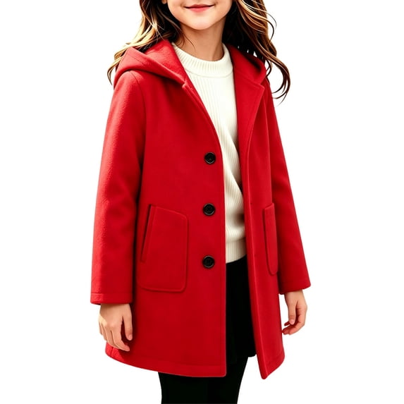 GiLiling Kids Toddler Boys and Girls Single Breasted Pea Coat Wool Blend Trench Coat Long Sleeve Mid Length Hooded Overcoat (Red, 7-8 Years)
