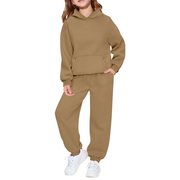 GiLiling Kids Tracksuit Outfit, 2-Piece Boys Girls Sweatsuit, Hooded Sweatshirt and Jogger Sweatpants Athletic Clothing Set with Pocket (Khaki, 13-14 Years)