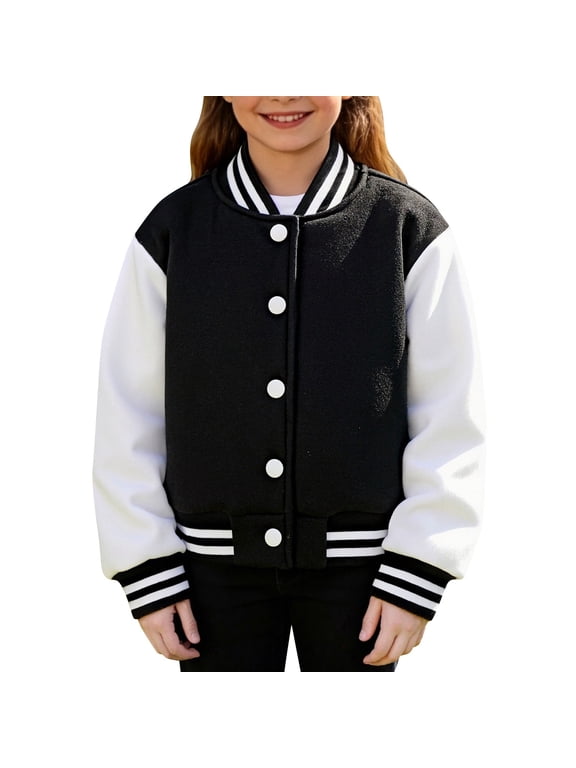 Kids Varsity Jackets Girls Boys Letterman Baseball Jacket Lightweight Bomber Coat School Outwear with Pocket (Black, 7-8 Years)
