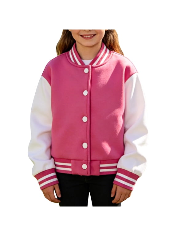 Kids Varsity Jackets Girls Boys Letterman Baseball Jacket Lightweight Bomber Coat School Outwear with Pocket (Hot Pink, 5-6 Years)