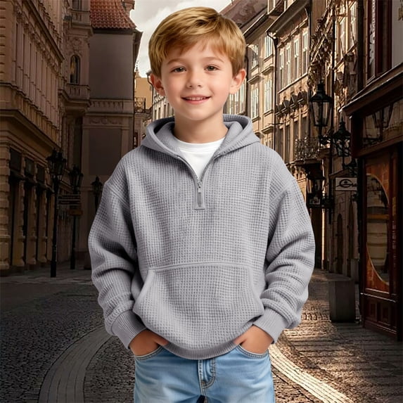 GiLiling Kids Waffle Hoodie - Boys Girls Solid Color Quarter Zip Long Sleeve Drawstring Hooded Sweatshirt with Pocket (Grey, 14-15 Years)