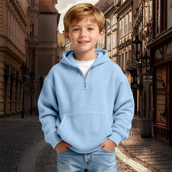 GiLiling Kids Waffle Hoodie - Boys Girls Solid Color Quarter Zip Long Sleeve Drawstring Hooded Sweatshirt with Pocket (Sky Blue, 8-9 Years)