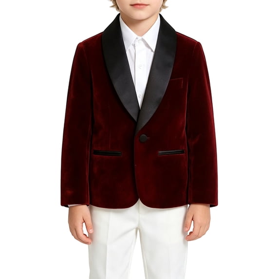 GiLiling Little Boys Spring Fall Velvet Formal Blazers Lightweight Kids Shawl Lapel Tuxedo Dress Wedding Prom Party Jackets (Wine, 9-10 Years)