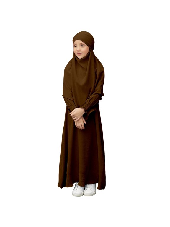 Muslim Dress for Girls Islamic Prayer Abaya Dress Long Sleeve Kaftan Robe Maxi Dress with Hijab Kids Ramadan Eid Outfit (Coffee, 3-4 Years)