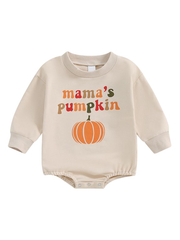 Newborn Baby Boy Girl Halloween Outfit Little Pumpkin Embroidery Romper Long Sleeve Bodysuit Fall Clothes (Beige, 0-3 Months)