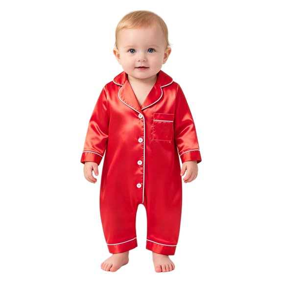 GiLiling Newborn Baby Boys and Girls Silk Loungewear Long Sleeve Button up Satin Loungewear One Piece Romper Sleepwears (Red, 12-18 Months)