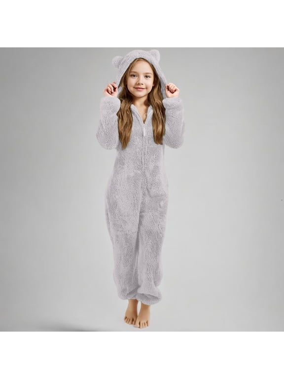 Plush Bear Jumpsuit, 3D Ears on the Hood and Graphic Print, Front Zipper, Soft Plush Fabric, Everyday Casual Home Wear (Light Ashy, 2-3 Years)