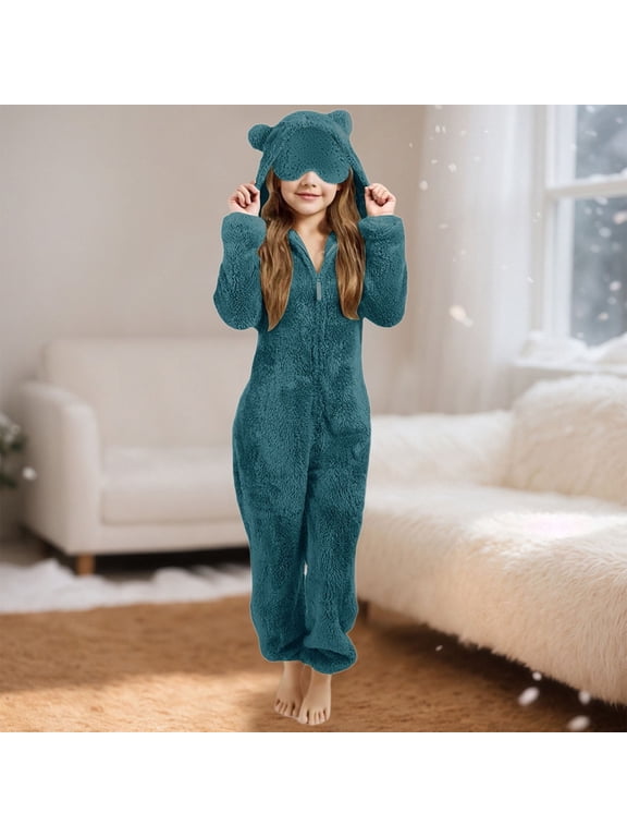 Plush Bear Jumpsuit, 3D Ears on the Hood and Graphic Print, Front Zipper, Soft Plush Fabric, Daily Casual Wear for Kids (Green, 4-5 Years)