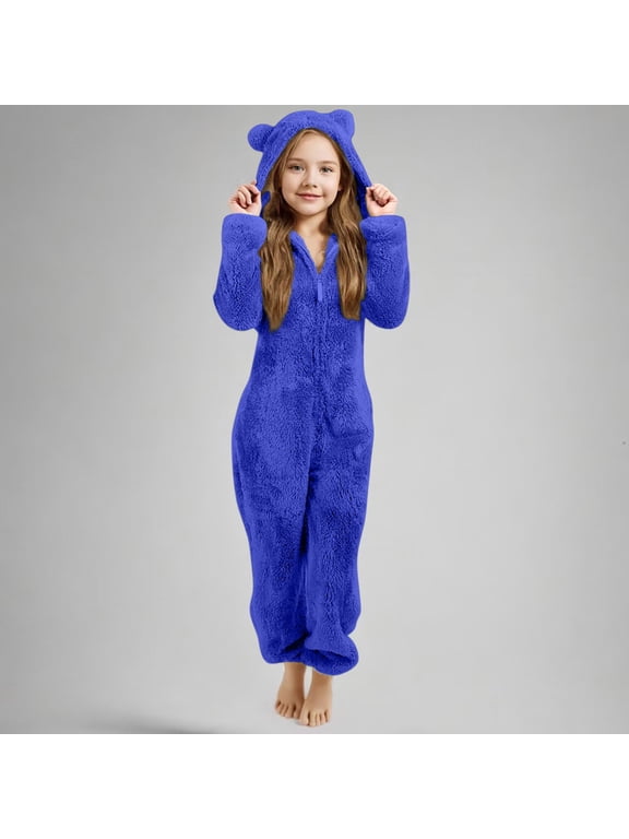 Plush Bear Jumpsuit, 3D Ears on the Hood and Graphic Print, Front Zipper, Soft Plush Fabric, Everyday Casual Home Wear (Blue, 2-3 Years)