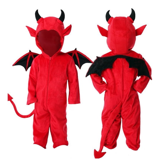 GiLiling Plush Halloween Devil Graphic Hooded Jumpsuit with Wings and Tail, Attached Wings, Halloween Dress Up Party Photo Props