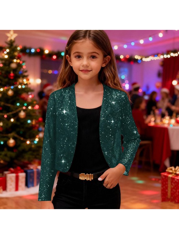 Sequin Jacket for Girls Sparkly Cropped Open Front Long Sleeve Shrug Kids Fall Fashion Party Glitter Blazer Cardigan (Green, 11-12 Years)