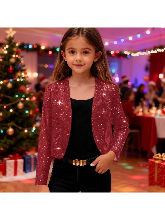 Sequin Jacket for Girls Sparkly Cropped Open Front Long Sleeve Shrug Kids Fall Fashion Party Glitter Blazer Cardigan (Red, 4-5 Years)