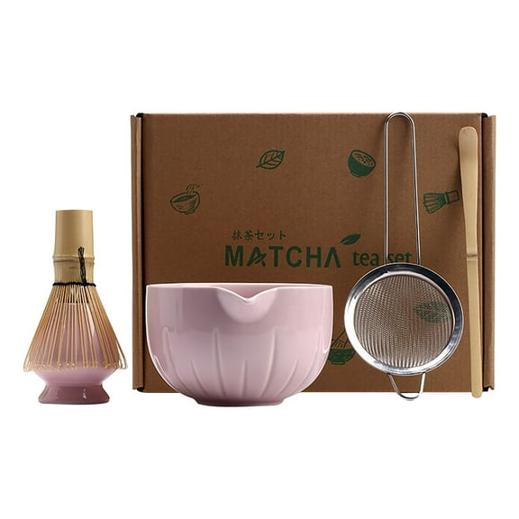 ​​GiLiling Set of 5 Matcha Tea Set with Bamboo Whisk & Ceramic Bowl - Traditional Tea Making Kit with Holder Stand | Beginner-Friendly Zen Tea Ceremony Accessory Set, Pink
