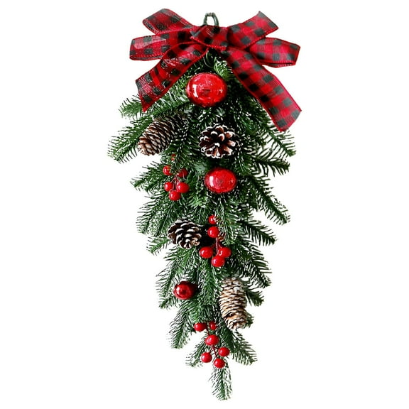 ​​GiLiling Teardrop Christmas Wreath with Bow and Berry Accents​​ | Artificial Garland with Nut Branches for Xmas Front Door and Wall Decorations with Traditional Holiday Charm