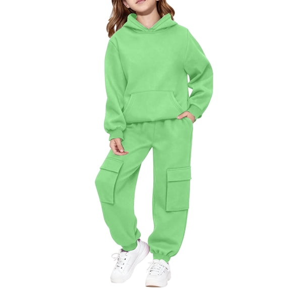 GiLiling Teen Girls 2-Piece Sweatsuit Set, Fleece Hoodie and Jogger Pants, Youth Kids Ribbed Cuffs Oversized Pockets Outfit (Green, 7-8 Years)