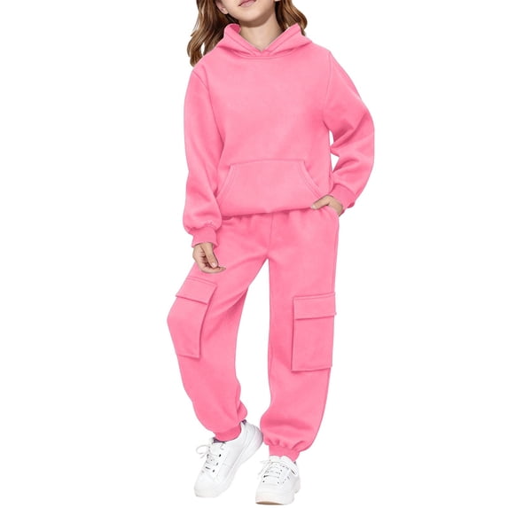 GiLiling Teen Girls 2-Piece Sweatsuit Set, Fleece Hoodie and Jogger Pants, Youth Kids Ribbed Cuffs Oversized Pockets Outfit (Pink, 5-6 Years)