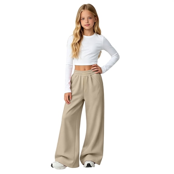 GiLiling Teen Girls Barrel Sweatpants High Waisted Fleece Baggy School Sweat Pants Barrel Leg Pants High Waisted Baggy Fit Pants (Beige, 7-8 Years)