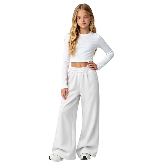 GiLiling Teen Girls Barrel Sweatpants High Waisted Fleece Baggy School Sweat Pants Barrel Leg Pants High Waisted Baggy Fit Pants (White, 9-10 Years)