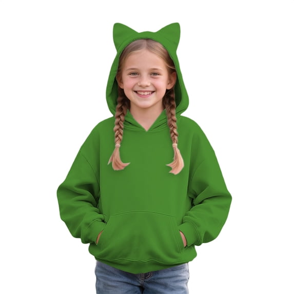 GiLiling Teen Girls Cute Cat Ear Hooded Sweatshirt Solid Color Long Sleeve Hoodie Pocket Toddler Fall Winter Pullover Kids (Green, 7-8 Years)