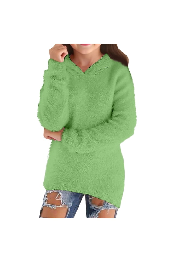 Teen Girls Fuzzy Sherpa Hoodie, Plush Pullover Hooded Sweatshirt, Soft Fleece Winter Sweater, Cute Cozy Outerwear for Kids and Tweens (Green, 5-6 Years)