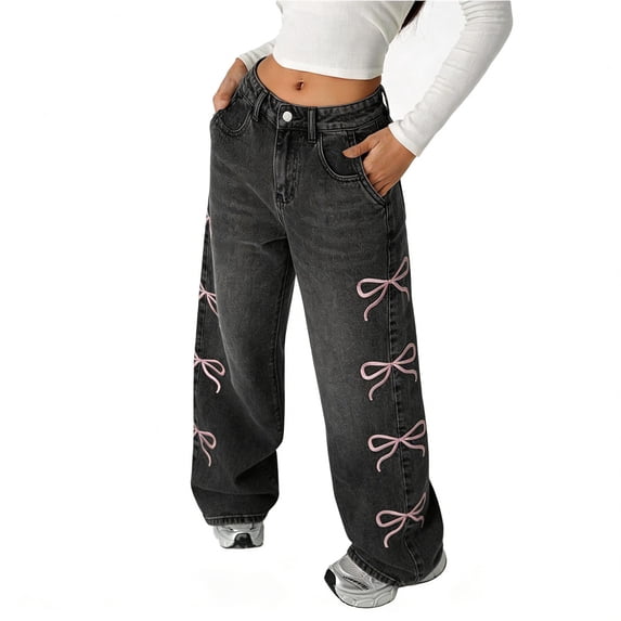 GiLiling Teen Girls Vintage Baggy Jeans High Waist Wide Leg Elastic Waist Y2k Aesthetic Cargo Denim Pants Bow Embroidery (Grey, 11-12 Years)